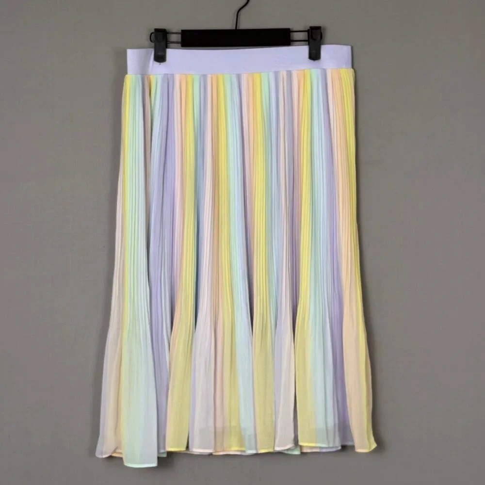Torrid Pastel Pleated Midi Skirt Rainbow Stripe Chiffon Overlay Size 00 XS Plus - Picture 2 of 8